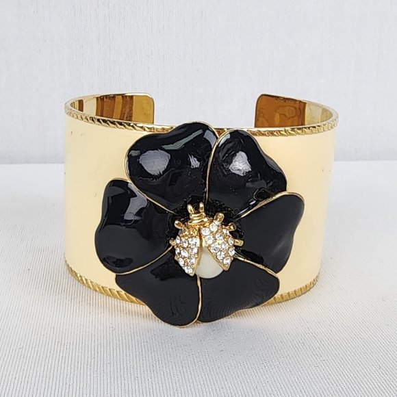 Stella & Dot Black Flower Rhinestone Pearl Ladybug Cuff Bracelet - Picture 2 of 7